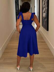 Alexandranx 无袖系带蝴蝶结腰A字型优雅浪漫女士连衣裙 - 寶藍色 - 查看 2