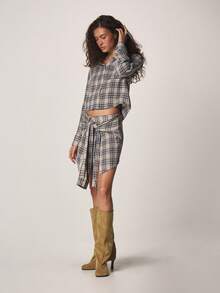 MISSGUIDED 格纹印花迷你裙，正面系带设计，不对称裙摆，适合秋冬季穿着 - 藍色 - 查看 5