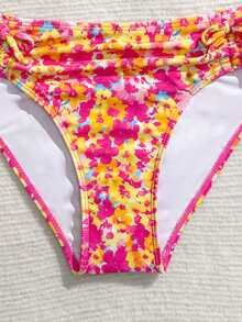 SHEIN 少女彩色碎花比基尼套装，上衣中央系带，泳裤侧边系带，两件式泳装，时尚优雅，适合游泳、度假、夏季穿着。碎花比基尼泳衣，全包覆式保守比基尼套装，两件套少女印花泳装，少女高腰碎花泳装。 - 彩色 - 查看 5