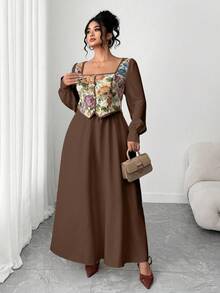 Elenzga Đầm dài tay phối màu kiểu Pháp cổ điển cỡ lớn dành cho nữ, kiểu dáng 2 trong 1, phù hợp cho lễ tốt nghiệp, các ngày lễ, Ngày Valentine, Giáng sinh, lễ hội âm nhạc, Ngày của Mẹ, Halloween, Lễ Tạ ơn, Lễ Phục sinh, Ngày Quốc khánh, các buổi khiêu vũ, hẹn hò, tiệc tùng, đám cưới, hoạt động ngoài trời, mùa thu/đông. - màu nâu - Xem 3