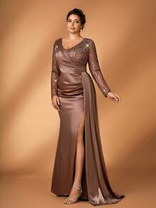 Serin 大码优雅浪漫香槟色深V奢华亮片拼接高弹力褶皱腰部美人鱼裙摆开衩连衣裙，适合婚礼、派对、庆典、正式晚宴（重工装饰设计） - 香檳色 - 查看 7