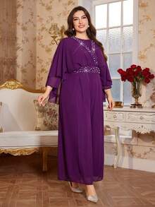Reflora Bộ áo liền quần bằng vải chiffon thanh lịch dành cho nữ cỡ lớn, thích hợp cho các bữa tiệc, mùa thu/đông/xuân. - Màu tím - Xem 6