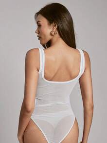 Hauture Women's Simple Sheer Mesh With Front Knot Sexy Elegant Daily Going Out Bodysuit - White - View 4