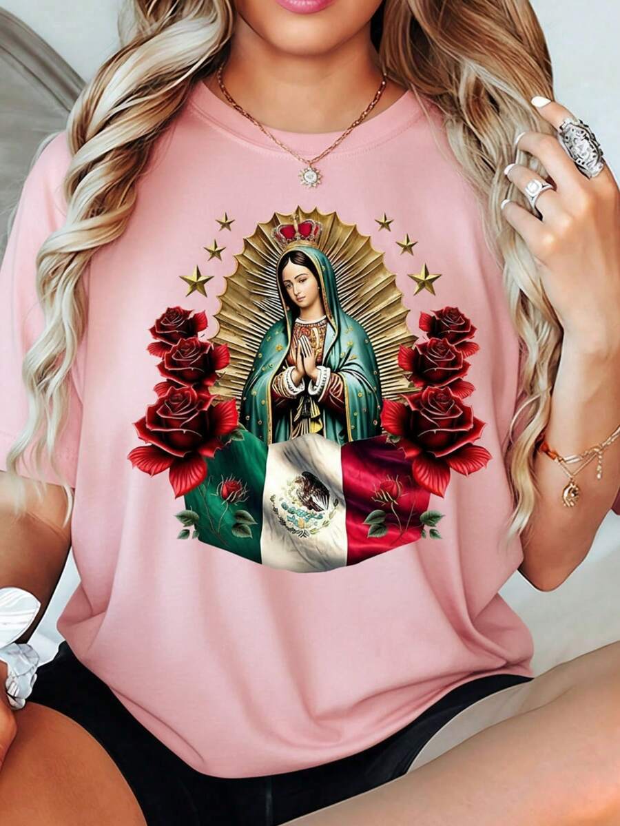 camisa de mujer, con estampado de virgen maría con rosas - rosa - Ver 1