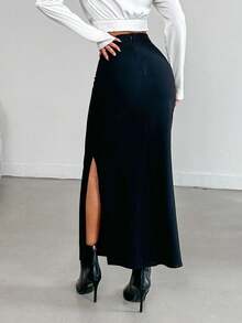 EURMUSE Women's High Slit Long Skirt - Black - View 2