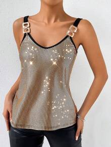 SHEIN Tall 女士印花褶皱吊带背心套装，适合度假和日常穿着，优雅迷人 - 棕色 - 查看 4