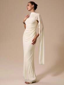 SHEIN BAE Apricot Women's Shawl Cover Up Paired With Tight Ruched Fitted Mermaid Dress, Apricot Elegant Dress Suitable For Cocktail Party, Romantic Date, Gathering, Formal Event, Bridesmaid Dress, Summer Dress, Tea Party Dress, Christmas Dress, New Year, Valentine's Day - Apricot - View 6