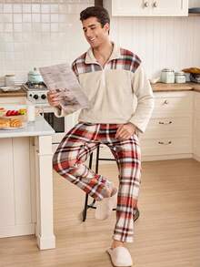 CoupledUp Contrast Plaid Flannel Casual Loose Men's Pajama Set - Apricot - View 6