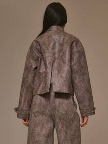 MUSERA Snake Print Faux Leather High Neck Asymmetrical Button Jacket Cool Girl, Streetstyle, Cute, , , Winter, Amplify Spring - Multicolor - View 4