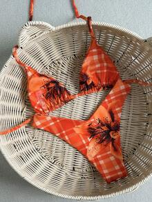 Swim Mod Conjunto de bikini con cuello de halter estampado y decoración metálica para mujer, primavera/verano