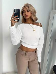 Aloruh Off Street Casual Asymmetrical Sloping Shoulder Simple And Versatile Striped Long Sleeved Mesh T-Shirt - White - View 4