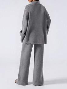LYSMO 全新极简主义春季女装系列：灰色纯色极简主义长袖毛衣和长裤两件套；休闲日常冬季女装；新年和圣诞节女装；灰色毛衣时尚系列；感恩节女装。 - 灰色 - 查看 2