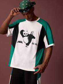 SHEIN Kung Fu Panda Men's Casual Panda Print Contrast Color Round Neck Short Sleeve T-Shirt And Shorts Set, Summer - Multicolor - View 6