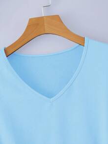 INAWLY Solid V Neck Tee - Baby Blue - View 3