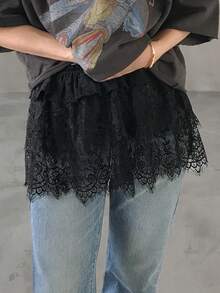 FRIFUL 女士纯色薄纱蕾丝面料叠层休闲宽松百搭半身裙，秋冬款 - 黑色 - 查看 6