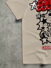 Manfinity ZONE917 Áo thun ngắn tay màu kaki chất lượng cao, dáng rộng, in hình hoạt hình graffiti đỏ trắng ngộ nghĩnh và ngôi sao. - Màu Khaki - Xem 4