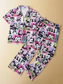 Felix The Cat X SHEIN Bộ đồ ngủ tay ngắn in họa tiết dễ thương toàn thân cài nút phía trước dành cho nữ, mùa hè - Nhiều màu - Xem 7