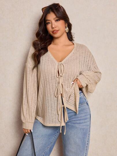 Elaquor Plus Size Women Solid Color Knit French Fuzzy Sweater, Bow Tie Front Design, Suitable For Casual, Home, School Wear, Autumn/Winter