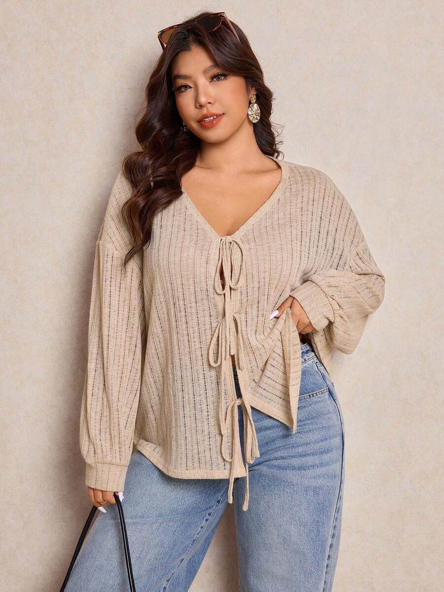 SHEIN Elaquor Plus Size Women Solid Color Knit French Fuzzy Sweater, Bow Tie Front Design, Suitable For Casual, Home, School Wear, Autumn/Winter - Apricot - View 1