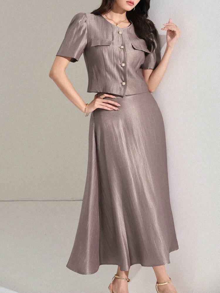 Women's Elegant Solid Color Bubble Short Sleeve Cropped Shirt And Flared Hem Skirt 2-Piece Set, Spring/Summer/Autumn