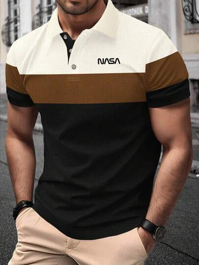 Manfinity Mode 男士短袖纽扣工作休闲 Polo 衫，带字母图案和色块设计，男友礼物