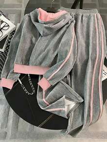 Franclia Regular Hooded Long Sleeve Cardigan Top + Straight Leg Pants - Grey - View 2