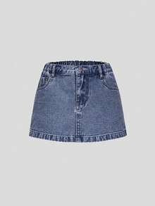 Tween Girls Y2K Style Denim Skort,Fashionable Blue Washed Summer Casual School Back-To-School Versatile Asymmetric Jean Shorts With Elastic Waistband - Dusty Blue - View 3