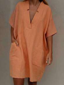 EMERY ROSE Orange V-Neck Loose Pocket Short Sleeve Casual Dress - Orange - View 1