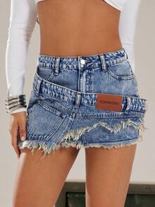 Denimoi 女士休闲牛仔迷你裙，毛边裙摆，适合约会和外出穿着。 - 中等水洗藍 - 查看 2