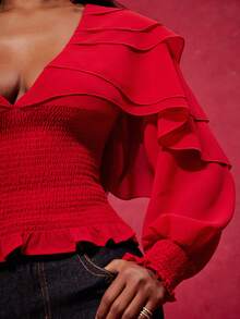 NYA SZN Langarm V-Ausschnitt Rüschen Schulter Detail figurbetonte rote Bluse, ideal für Frühlingspause, Reisen, Alltag, Lässig-Dates, Veranstaltungen, elegant - Rot - Übersicht 5