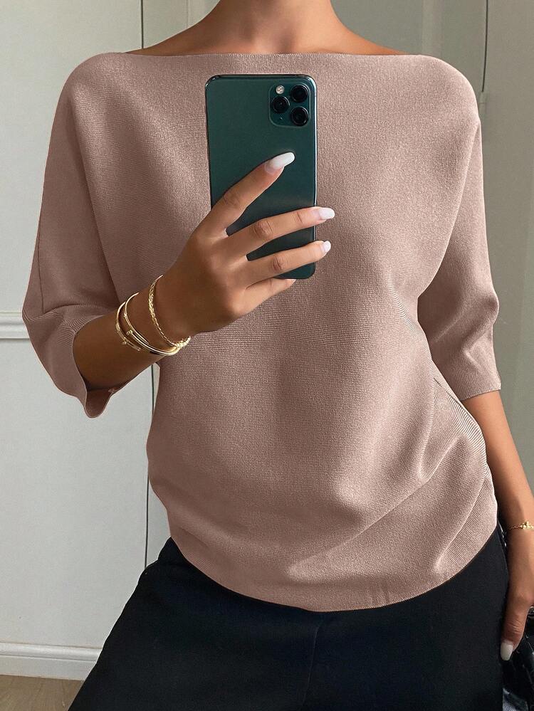 Women's Solid Color Fitted Boat Neck Half Sleeve Casual Elegant Knit Top, Autumn/Winter