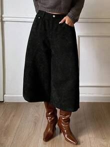 DAZY 女士纯色灯芯绒七分休闲复古裤，秋冬季Y2K风格 - 黑色 - 查看 5