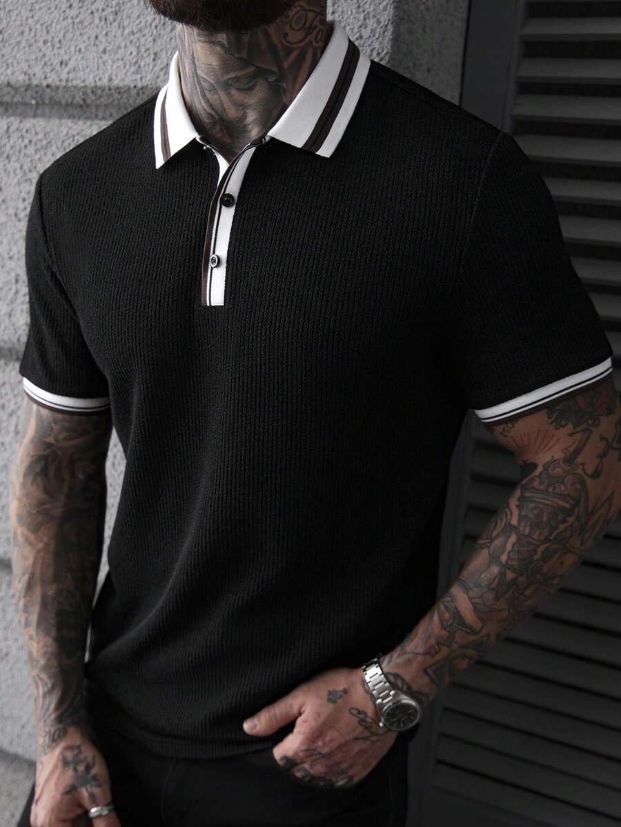 Manfinity CasualCool Men's Jacquard Knit Striped Trim Short Sleeve Polo Shirt, Casual Daily Wear, Hanging Out With Friends, And Relaxing Weekends, Versatile - Black - View 1