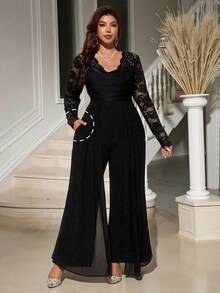 SHEIN Clasi Bộ đồ liền thân tay dài cổ chữ V ren chắp vá cỡ lớn thanh lịch - màu đen - Xem 3