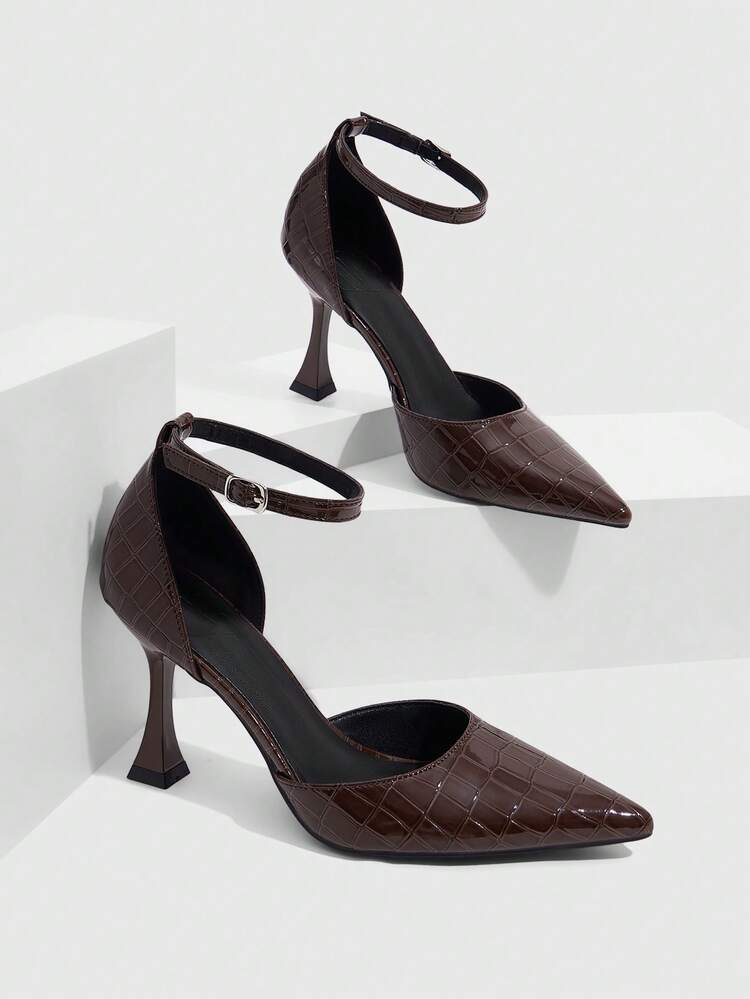 CUCCOO SZL Women's Shoes Buckle Adjustable Women's High Heels Wine Glass Heel Pointed 9CM Elegant Stiletto Shoes Mirror PU Material Stone Texture Brown High Heels Kitten Heel Suitable For Daily/Party/Office/Women's Shoes Valentine's Day