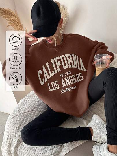 EURMUSE Women's Loose Fit Letter Graphic Drop Shoulder Crew Neck Casual Pullover Sweatshirt