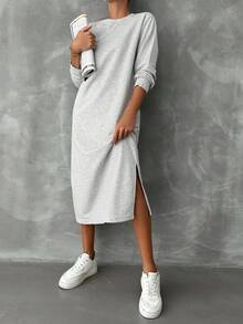 EURMUSE Cotton Solid Split Thigh Sweatshirt Dress