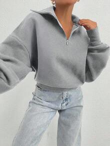 EURMUSE Sudadera oversize de 100% algodón con cremallera y patrón de cuello - Gris - Ver 4