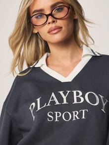 Missguided x Playboy Sport Logo Sweatshirt Crew Neck Long Sleeve Contrast Collar Cuff Casual Pullover Top - Navy Blue - View 5