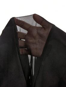 LYSMO Women Fashion Solid Color See-Through Asymmetrical Neck Bodysuit - Black - View 8