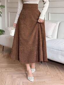 DAZY Chân váy nữ thanh lịch, màu trơn, dáng chữ A, cạp cao, thắt eo, thích hợp cho mùa xuân/hè. - màu nâu - Xem 7