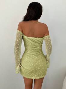 Aloruh Women's Minimalist Solid Color Textured Fabric Off Shoulder Ruffle Sleeve Fitted Mini Dress, Suitable For Spring, Summer, Autumn - Green - View 2