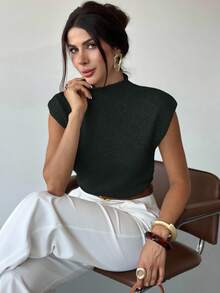 Firerie Elegant High Neck Loose Casual Versatile Sleeveless Knit Sweater Vest Going Out Tops Women,Tops For School In Fall/Winter - Dark Green - View 3