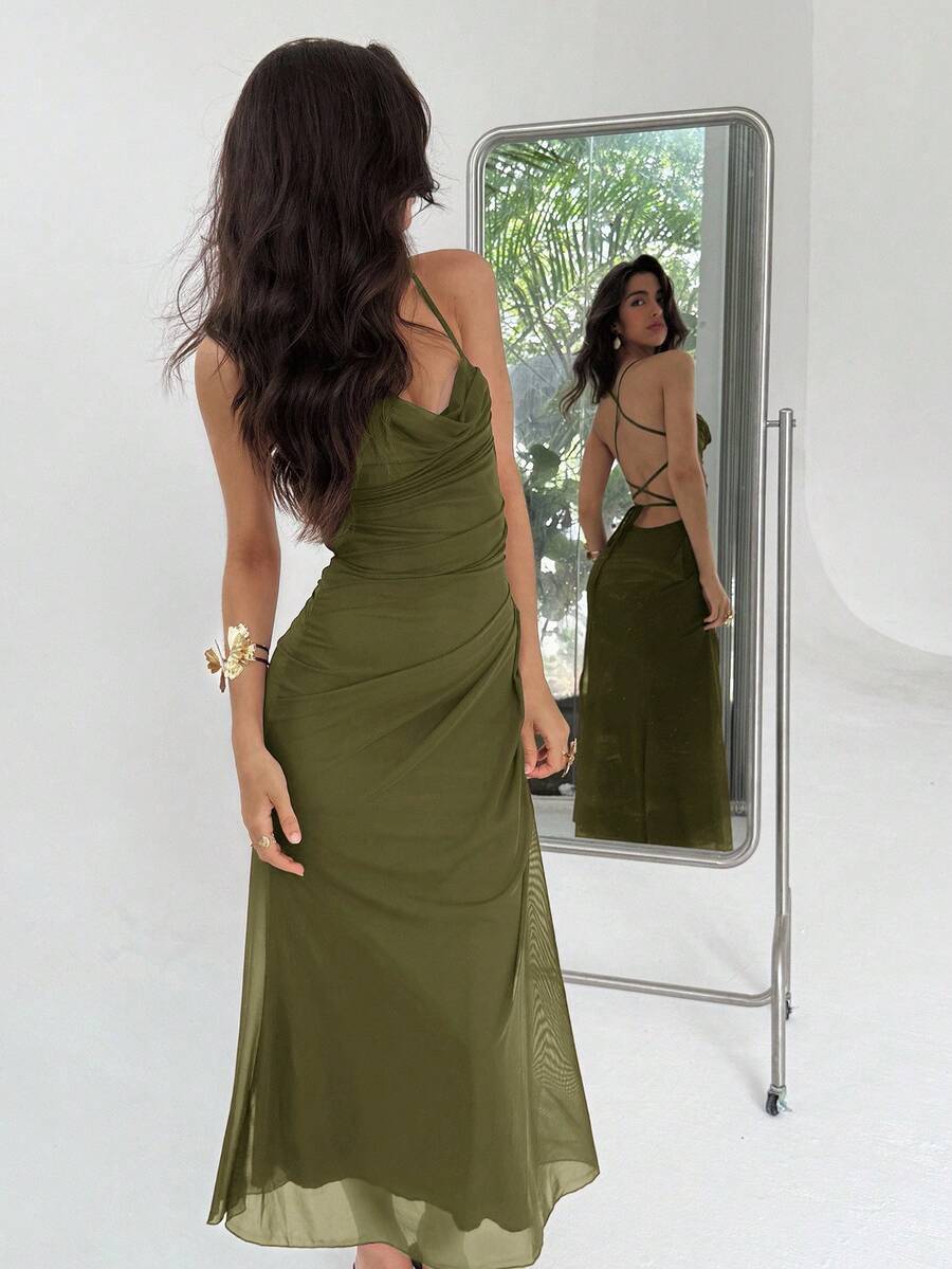 Aloruh 浪漫不对称深V领露背系带中长网纱连衣裙，粉紫色 - 軍綠色 - 查看 1
