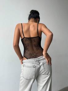 Aloruh Lace Bodystocking With Eyelash Trim, Sexy Sheer Y2K Bodysuit - Black - View 3
