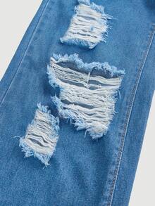 Girlism 少女休闲破洞阔腿牛仔裤 - 中等水洗藍 - 查看 4