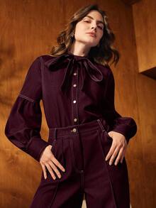 Anewsta 优雅立领长袖系带蝴蝶结衬衫，复古蓝色女式衬衫上衣，适合通勤、秋季、冬季、新年、优雅、别致、时尚、圣诞节、外出等场合 - 酒紅色 - 查看 3