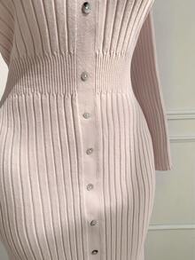 CovetEZ Robe pull ajustée avec décoration de boutons col V profond, automne/hiver, grande taille - Gris - Voir 8