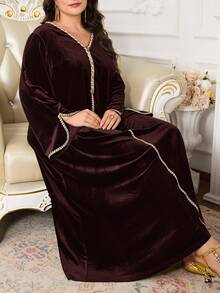 Al Najma Plus Size Women Elegant Ribbon Decor Arabic Style Dress