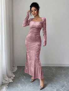 Elenzga 女士高领丝绒金色弹力针织修身连衣裙，优雅褶皱腰身鱼尾下摆，适合工作、约会、派对等场合，长袖，及地长款，秋冬季 - 粉色 - 查看 4